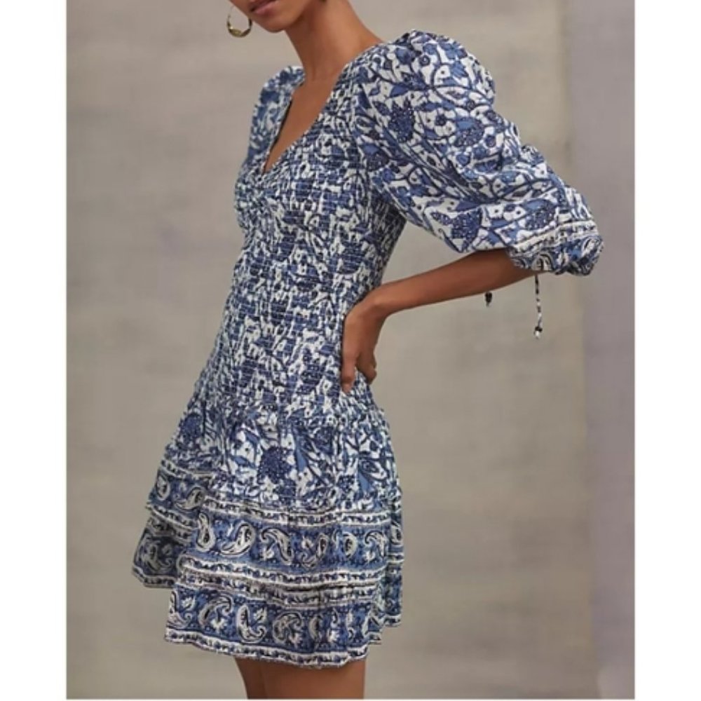 EUC Anthropologie Love the Label Smocked Puff-sleeve Mini Dress In Mabel Blue
